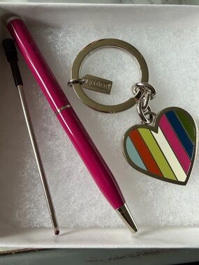 Coach Legacy Stripe Heart Keychain Bag Charm + Coach Pen Set NWOT